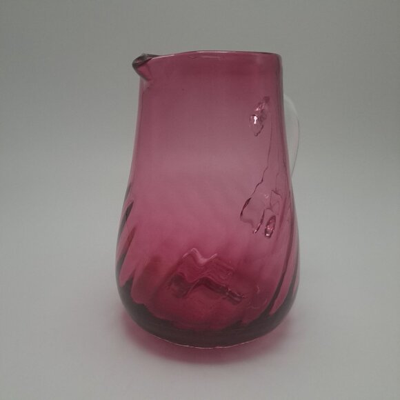 Hand Blown Pilgrim Cranberry Glass Pitcher Applied Clear Handle - Picture 2 of 11